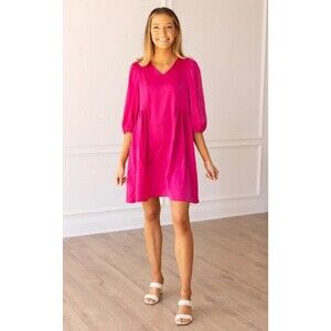 NWT Grace + Emma Pink M Mini Dress Satin Puff Sleeve Mini Shift Party Magenta